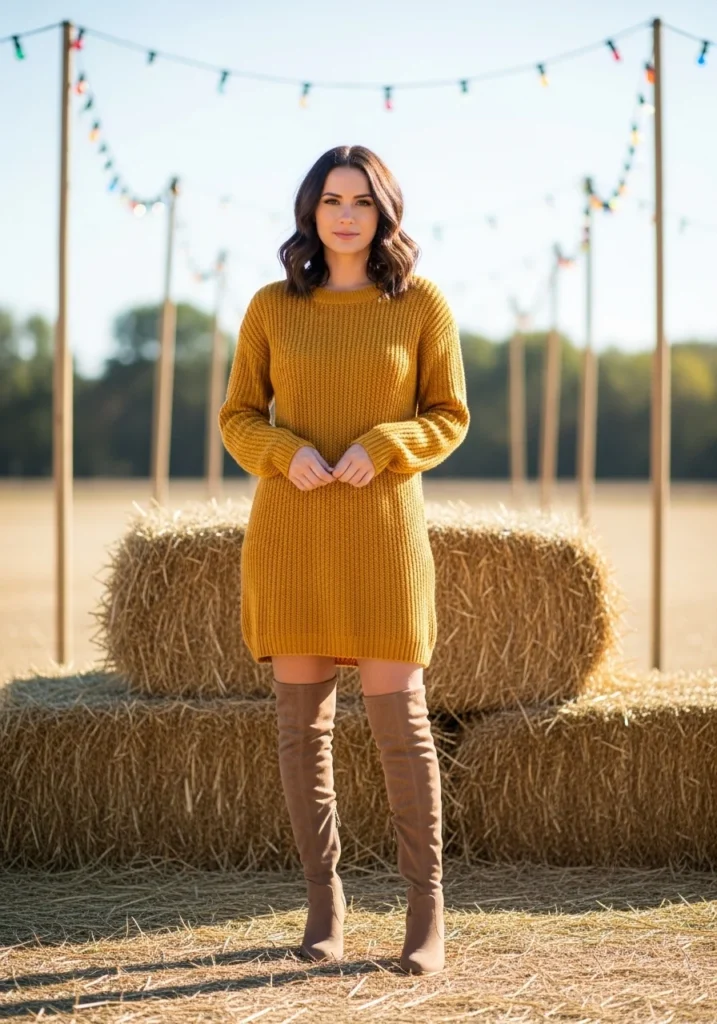 Mustard Sweater Dress with Over the Knee Boots
