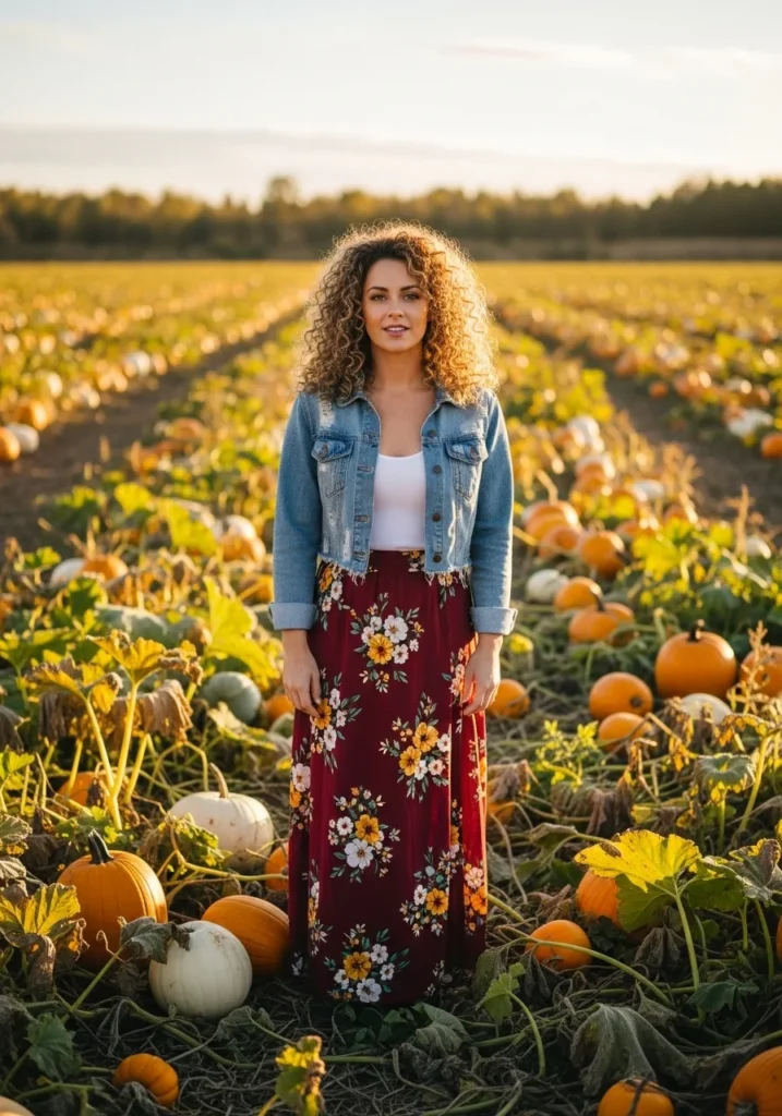 Printed Maxi Skirt with Denim Jacket