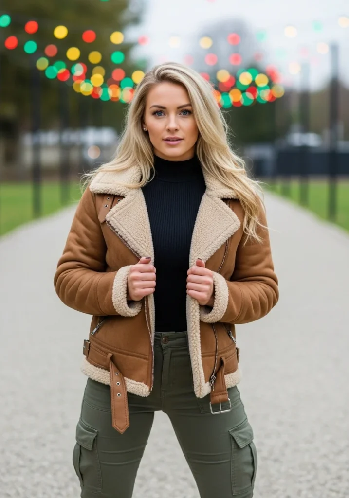Shearling Jacket with Turtleneck and Cargo Pants