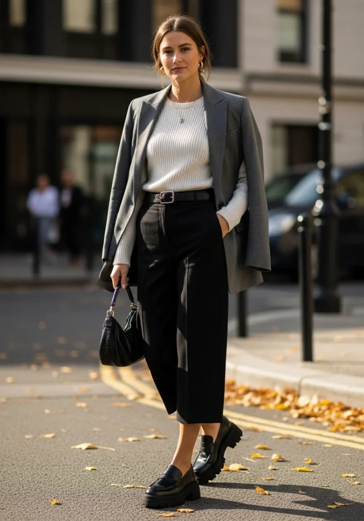 Chunky Leather Loafers with Cropped Wide-Leg Trousers