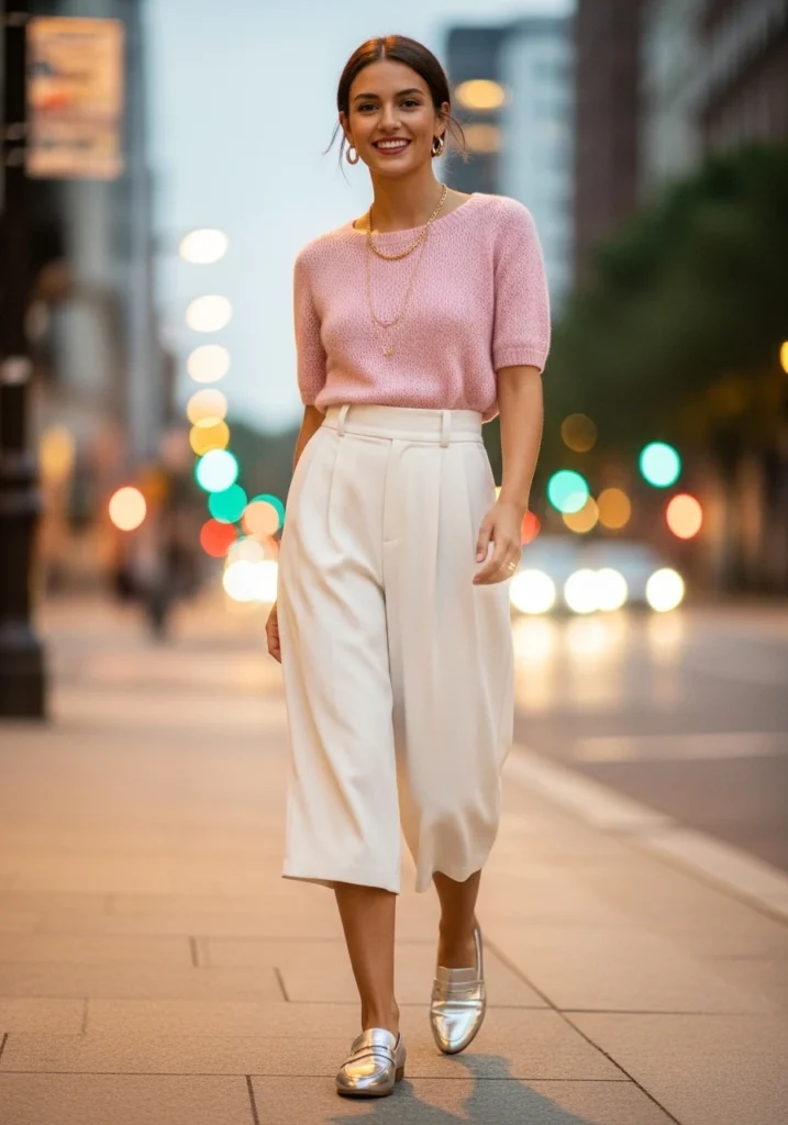 Metallic Loafers with Pleated Culottes