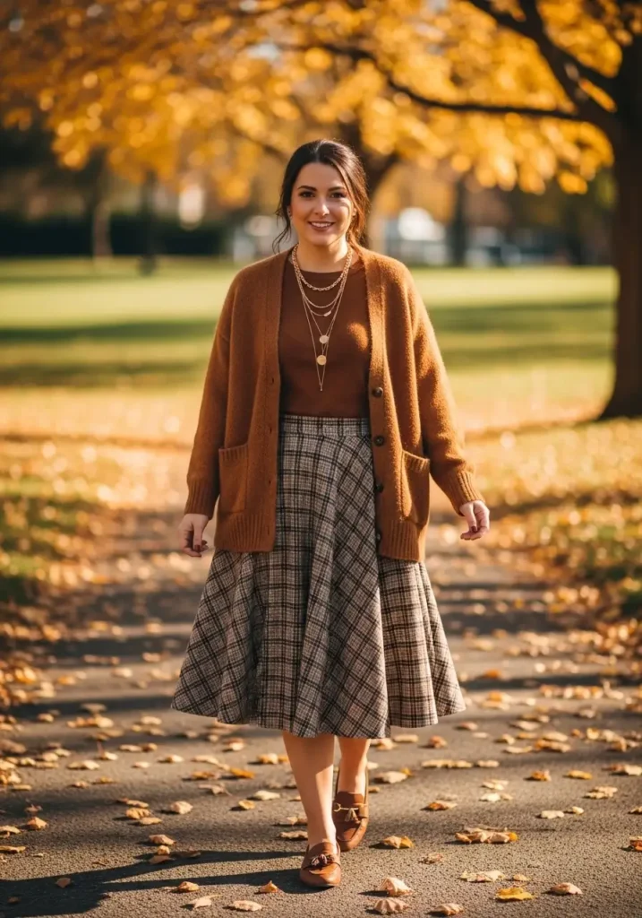Plaid A-Line Skirt with Oversized Cardigan