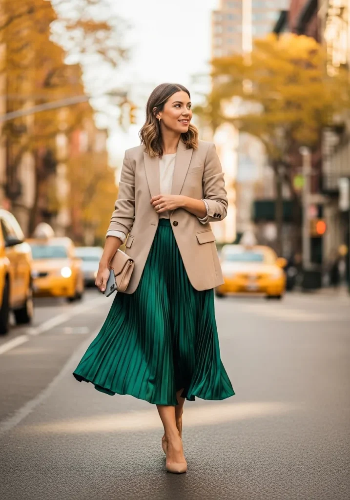 Pleated Satin Midi Skirt with Blazer