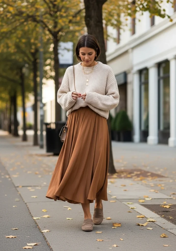 Suede Loafers with Midi Skirt & Cozy Sweater
