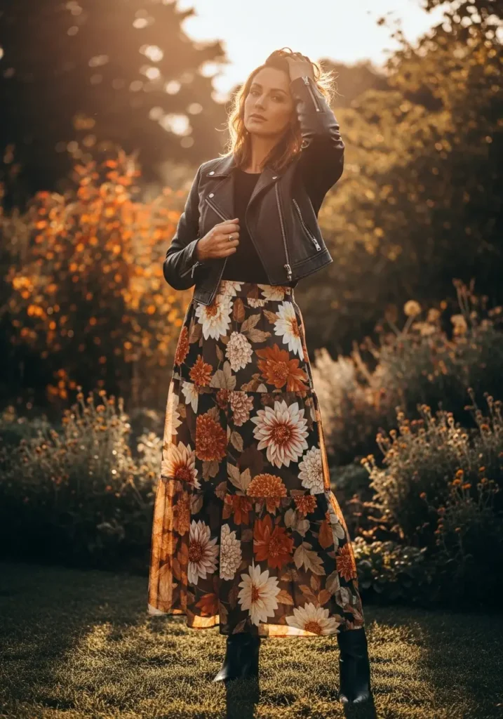 Tiered Maxi Skirt with Leather Jacket Fall Skirt
