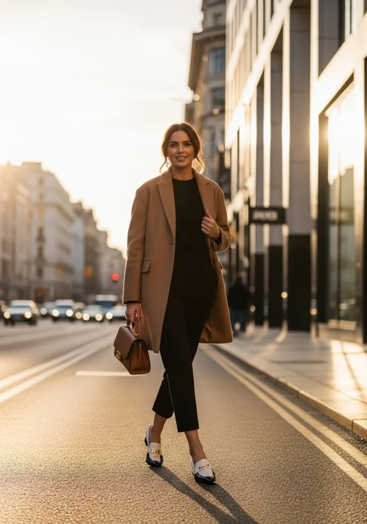 Two-Tone Loafers with Tailored Pants & Statement Coat
