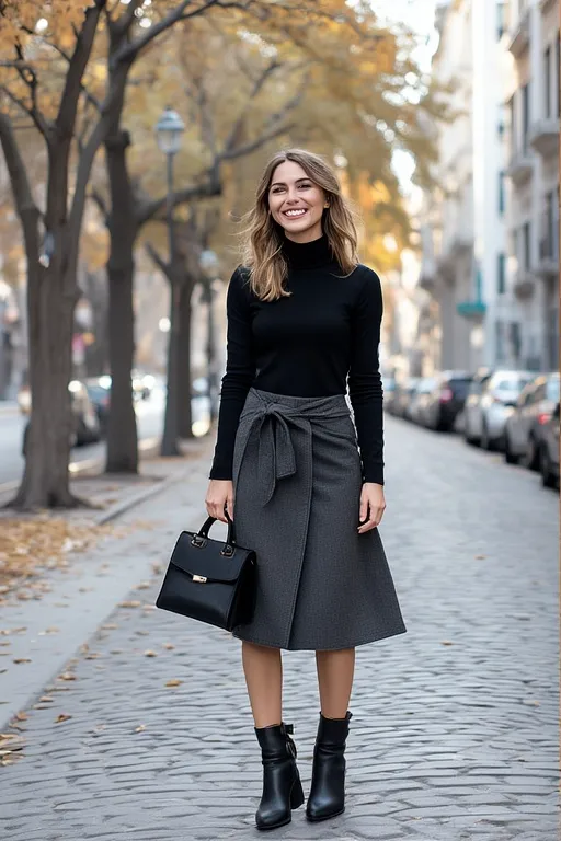 Wool Wrap Skirt with Turtleneck Sweater for Autumn
